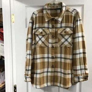 Plaid Button-Front Shacket Jacket in Camel and Cream